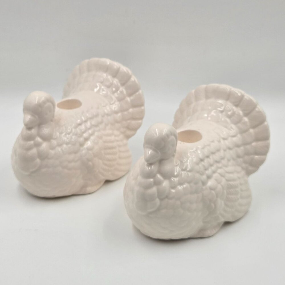 Mid-Century White Ceramic Turkey Candleholder Pair Vintage Thanksgiving Decor - Picture 2 of 12